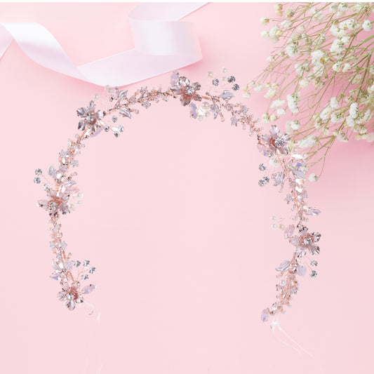 Pink Crystal Pearl Rose Gold Boho Headband for Bride Bridal Headpiece Bridesmaid Flower Girl Hair Accessory Prom Hairdress Rustic Wedding Women Vine