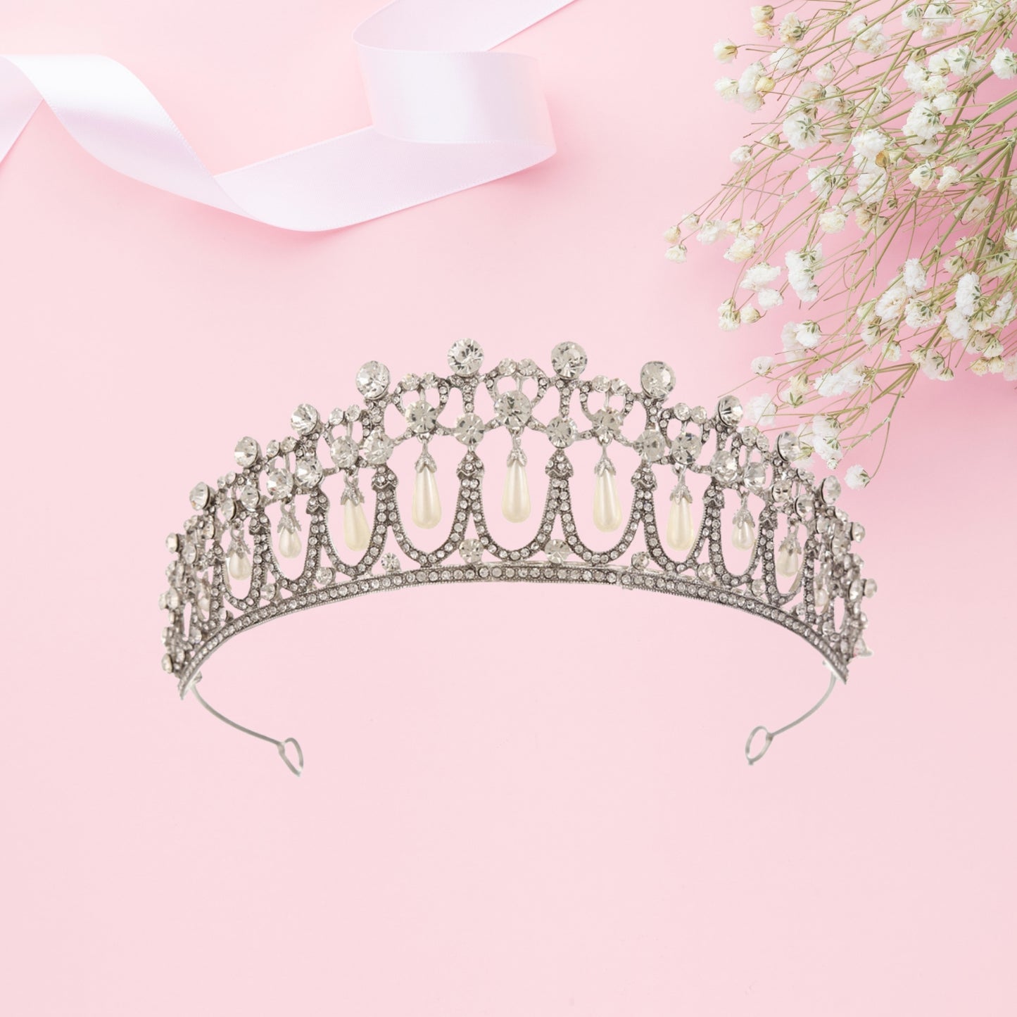 Princess Tiara for Women, Silver Pearl Diana Wedding Crown for Bride, Rhinestone Prom Costume Accessories for Birthday Party