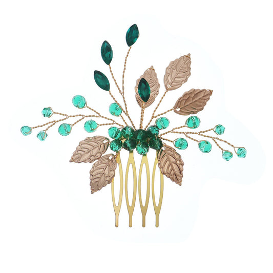 Bridal Hair Comb Emerald Green Crystal Gold Leaf Vine Hair Piece Accessories for Wedding Bride Women Party (Emerald Green)