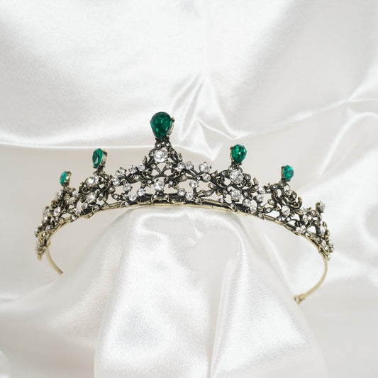 Green Rhinestone Tiaras Fairy Bridal Headpiece Birthday Halloween Gold Crown