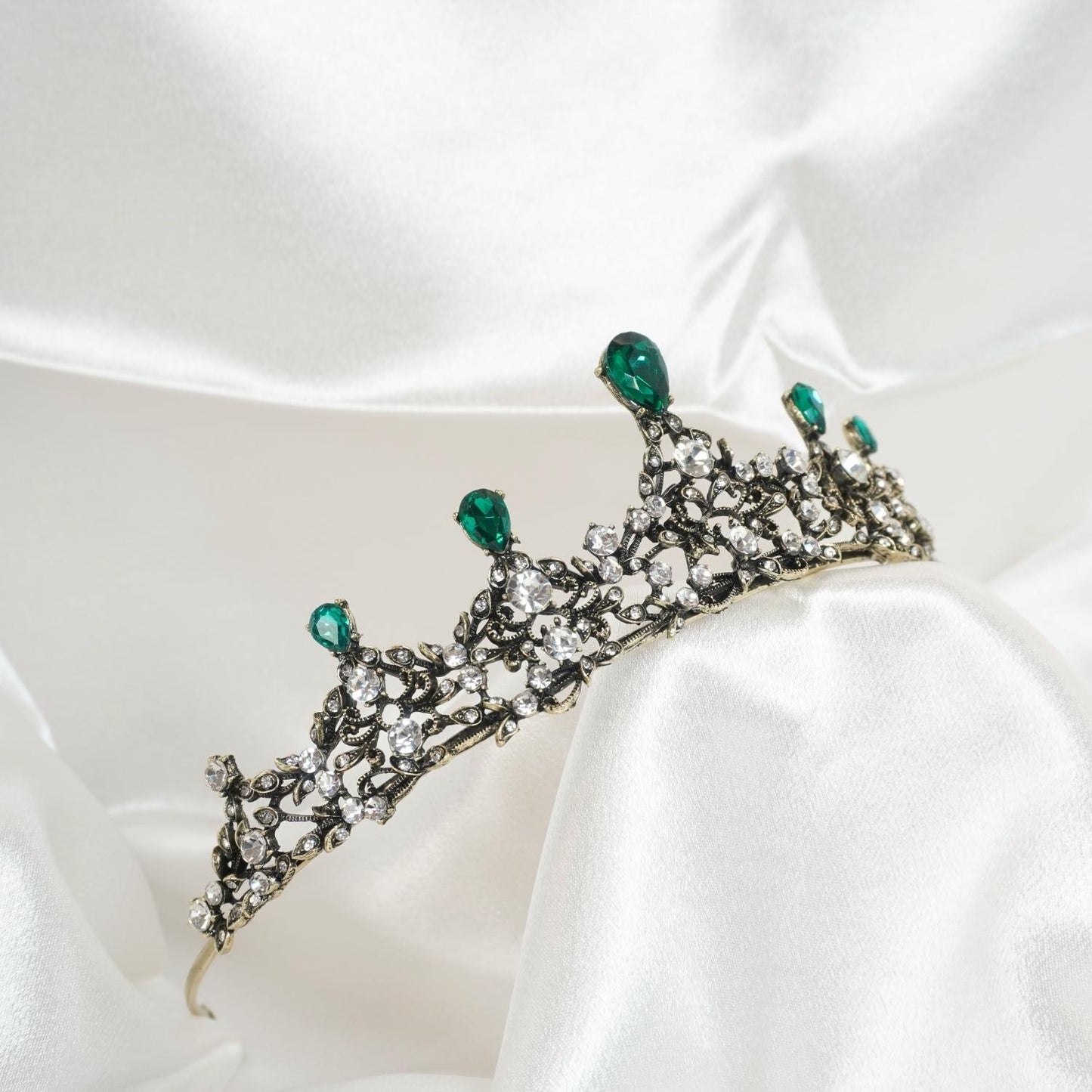 Green Rhinestone Tiaras Fairy Bridal Headpiece Birthday Halloween Gold Crown